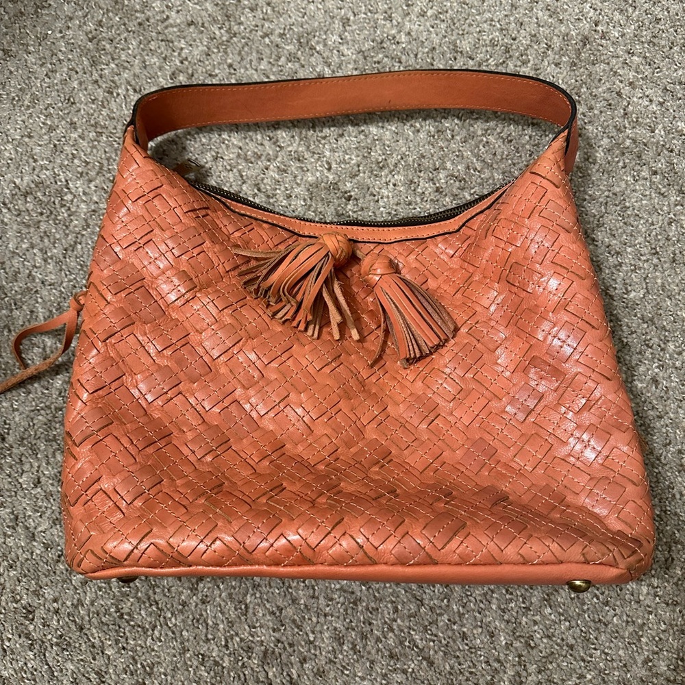 Patricia Nash Orange Woven Leather Shoulder Bag with Tassels
